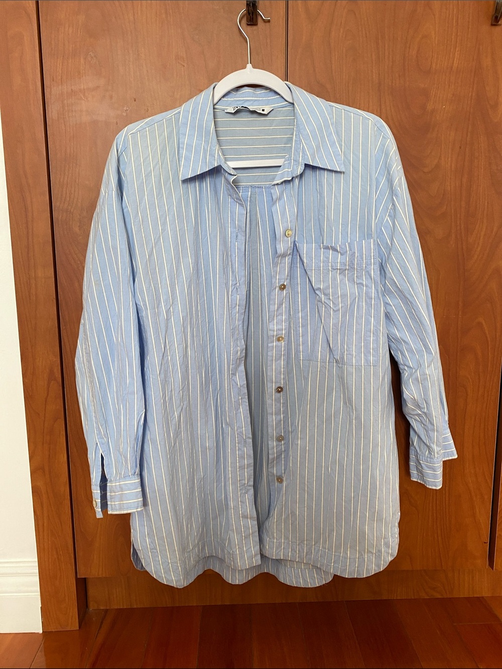 Zara Light Blue and White Striped Casual Button-Down Shirt